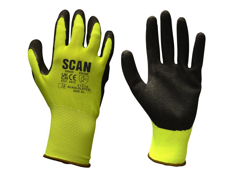 Hi-Vis Yellow Foam Latex Coated Gloves - L (Size 9)