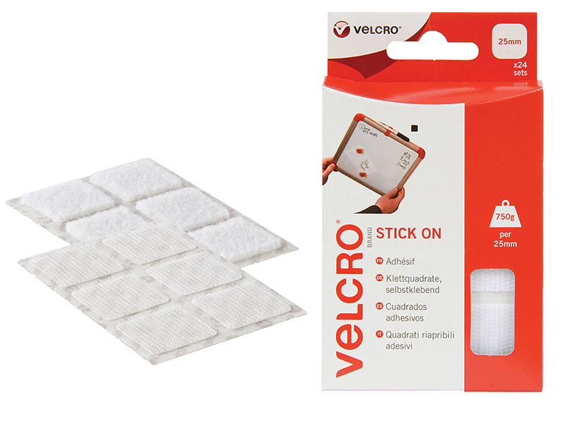 VELCRO(R) Brand Stick On Squares 25mm White (Pack 24)