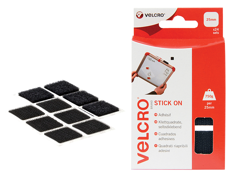 VELCRO(R) Brand Stick On Squares 25mm Black (Pack 24)